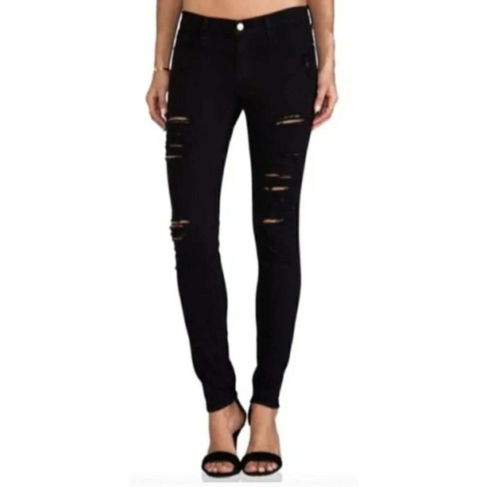 Frame Le Skinny de Jeanne Ripped Jeans Mid Rise Skinny Fit Film Noir NWT 24